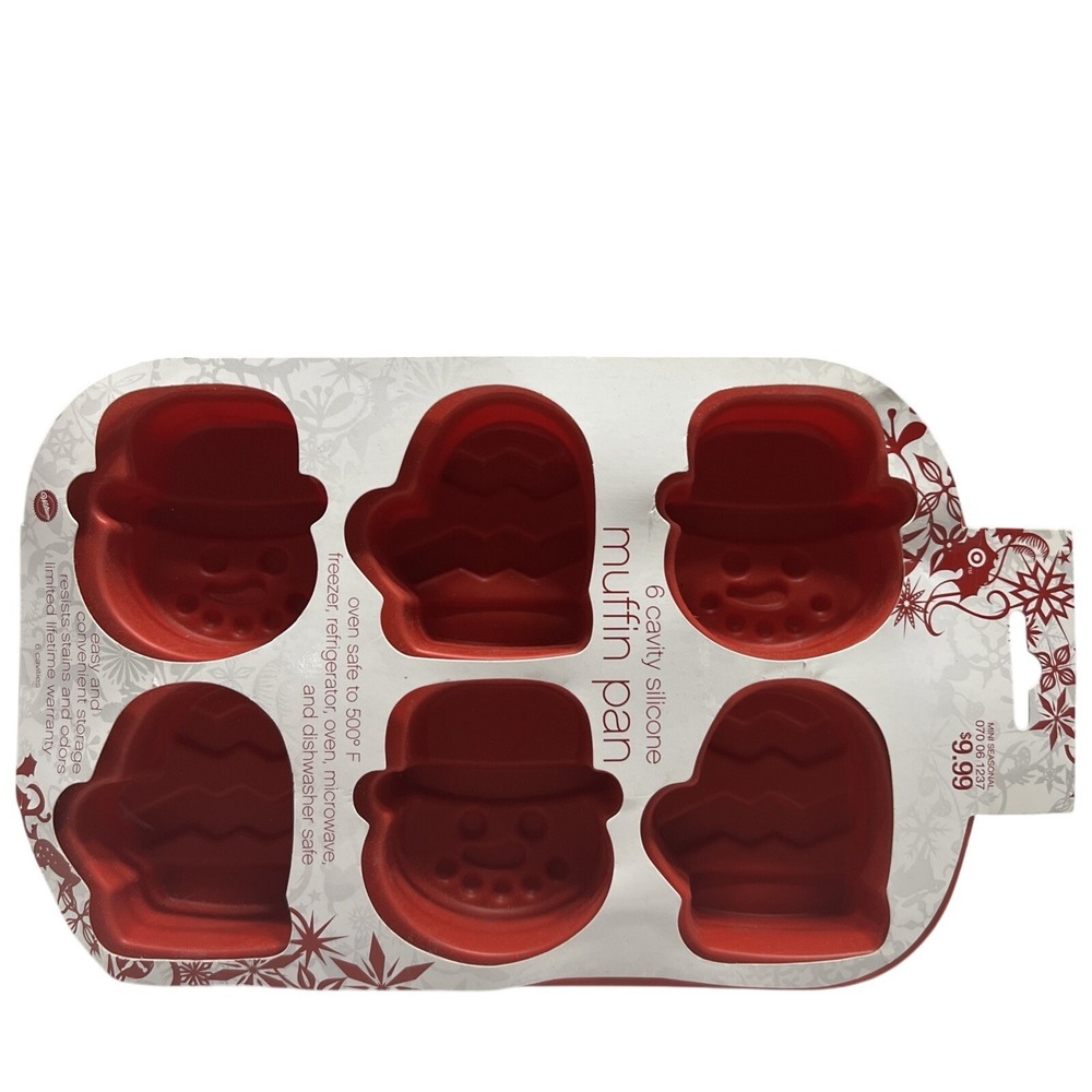 Wilton 6 Cavity Red Sillcone Muffin Pan Snowman Mitten Christmas/Holidays/Winter
